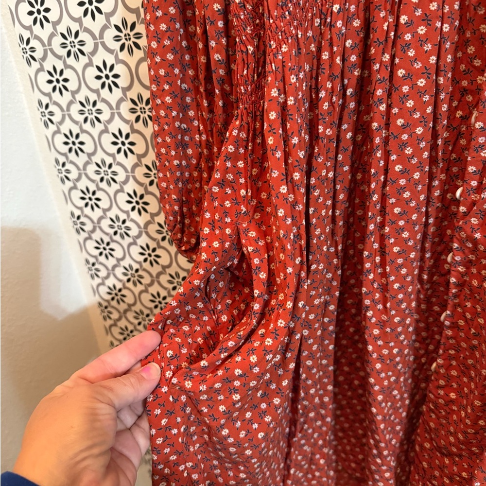 Madewell Red Smocked Long Sleeve Dress - Picture 3 of 8